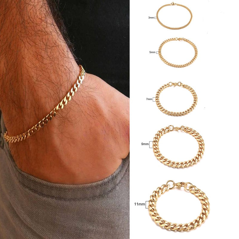 Men's Bracelet Curb Cuban Link Chain Stainless Steel Mens Womens Bracelets Bangle Gold Tone No Fade 3mm to 11mm - Shopeasywear