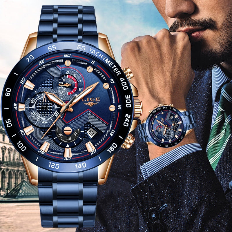 LIGE hommes montres haut de gamme en acier inoxydable de luxe bleu étanche montre à Quartz hommes mode chronographe mâle Sport montre militaire - Shopeasywear