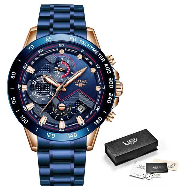 LIGE hommes montres haut de gamme en acier inoxydable de luxe bleu étanche montre à Quartz hommes mode chronographe mâle Sport montre militaire - Shopeasywear