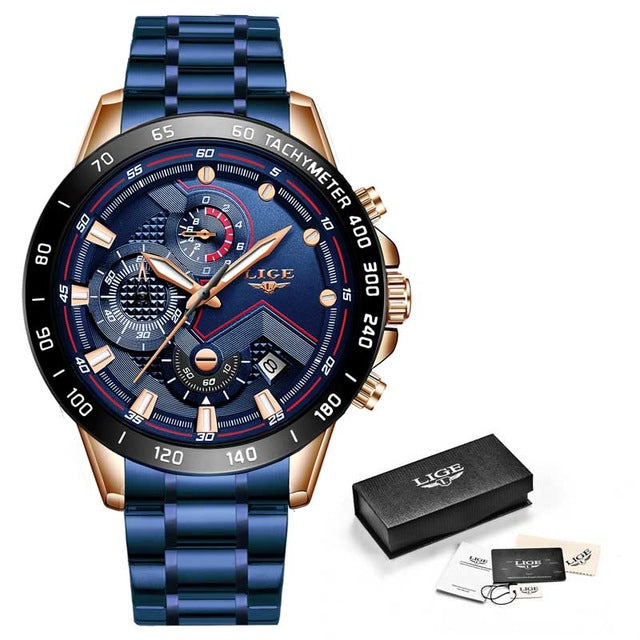 LIGE hommes montres haut de gamme en acier inoxydable de luxe bleu étanche montre à Quartz hommes mode chronographe mâle Sport montre militaire - Shopeasywear