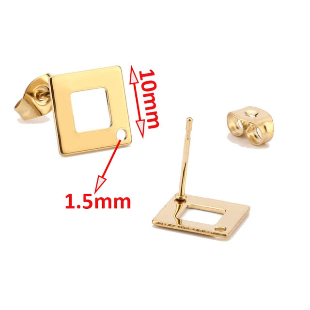 Gold Earstud 316L Stainless Steel Ear Post with 8mm/ 10mm/ 12mm Round Flat Pad Base Setting with Hole Hypo-Allergenic Posts - Shopeasywear