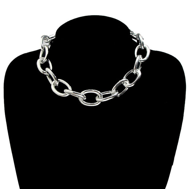 JUST FEEL Punk Chain Choker Necklace Collar Statement Hip Hop Chunky Gold Silver Aluminum Thick Chain Necklace Women Men Jewelry - Shopeasywear
