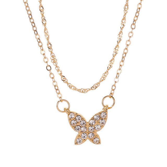 Charming Double-deck Gold Butterfly Pendant Necklace Exquisite Women's Wedding Party Crystal Choker Fashion Lady Jewelry Gift - Shopeasywear
