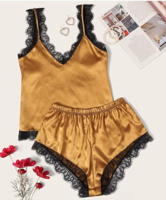 Summer Sleepwear Sexy Satin Pajamas Set