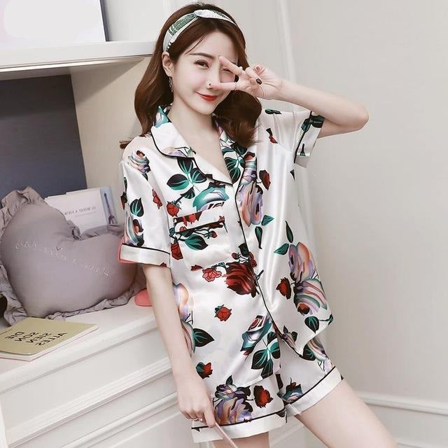 Floral Print Short Sleeve Top and Shorts Pajamas