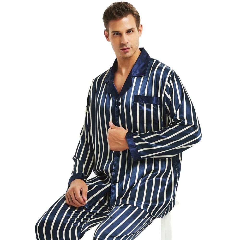 New Men's Silk Satin Pajamas Set
