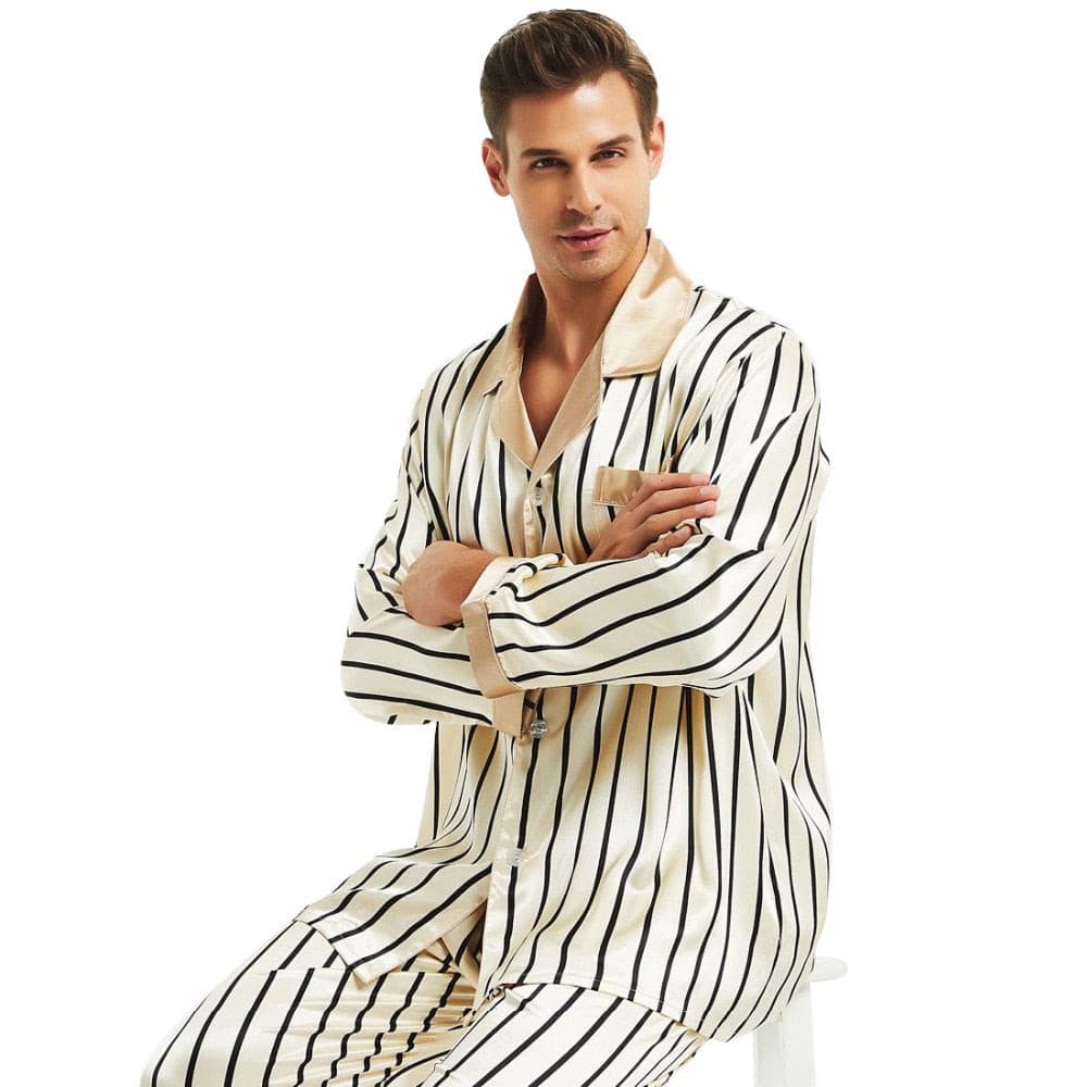 New Men's Silk Satin Pajamas Set