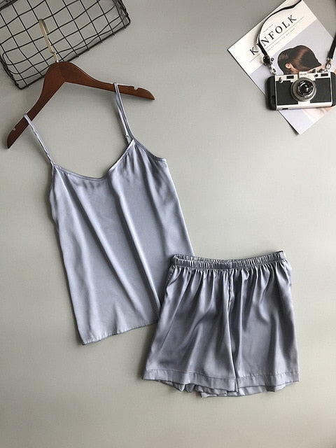 Ice Silk Twinset Korean Solid Color Women Pajamas