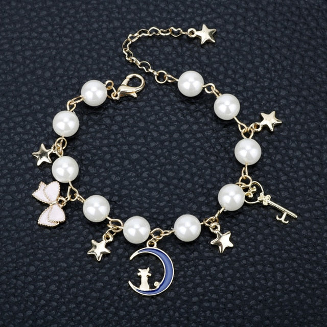 Cartoon Anime Sailor Moon Charm Bracelet Cardcaptor Sakura Flower Pearls Chain Wristlet Bangle Cosplay Gifts for Women Girl Kid - Shopeasywear