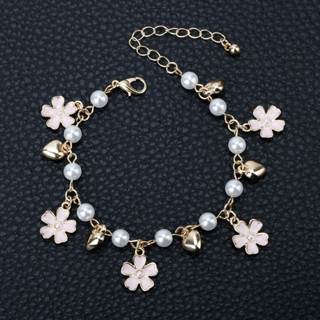 Cartoon Anime Sailor Moon Charm Bracelet Cardcaptor Sakura Flower Pearls Chain Wristlet Bangle Cosplay Gifts for Women Girl Kid - Shopeasywear